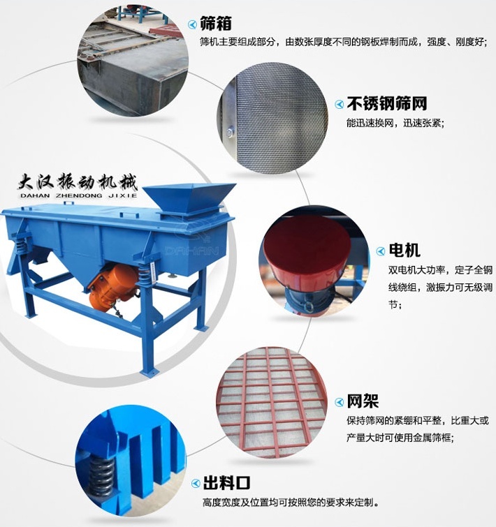 525型直線振動篩結構細節(jié)：篩箱：篩機主要組成部分，由數張厚度不同的鋼板焊制而成，強度，剛度好。不銹鋼篩網：能速換網，迅速張緊。電機：雙電機大功率，定子全銅線繞組，激振力可無級調節(jié)。網架：保持篩網的緊繃和平整，比重大或產量大時可使用金屬篩框。出料口：高度寬度及位置均可按照您的要求定制。