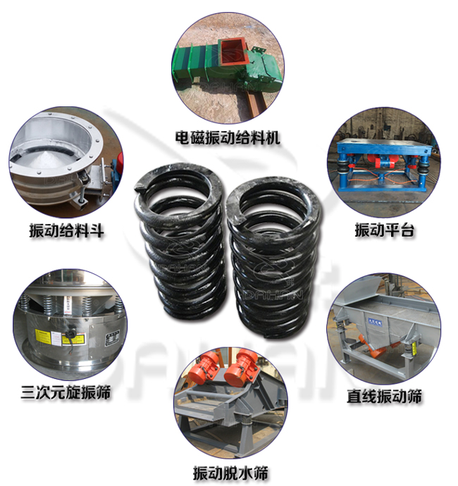 旋振篩減震彈簧適用產(chǎn)品：振動(dòng)給料機(jī)，電磁振動(dòng)給料機(jī)，振動(dòng)平臺(tái)，直線振動(dòng)篩，振動(dòng)脫水篩，三次元旋振篩。