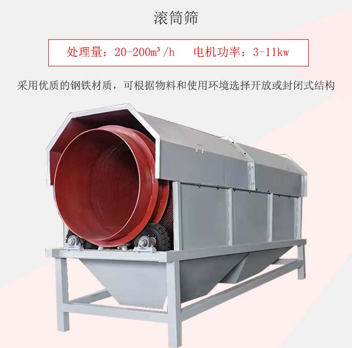 滾筒篩采用優(yōu)質(zhì)的鋼鐵材質(zhì)，可根據(jù)物料和使用環(huán)境選擇開放或封閉式結(jié)構(gòu)