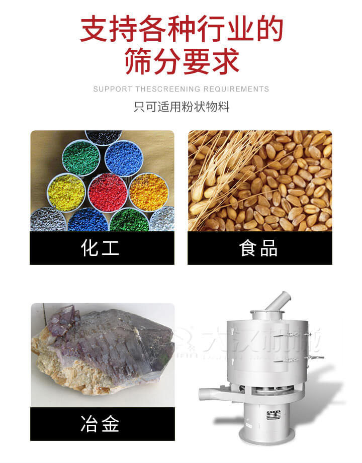 氣流篩用于礦粉，石墨粉，活性納米碳酸鈣，鋁灰，大豆粉，碳酸重鈣，石墨粉，木粉，干草，重金石粉，藥粉末，橡膠顆粒，草酸鹽，干料粉，木粉，聚酯粉，干粉，塑料，金屬粉末，橡膠粉，粉煤灰，石墨粉，陶瓷粉，鋅粉，石英粉，石灰粉，鐵粉，金屬硅粉等。