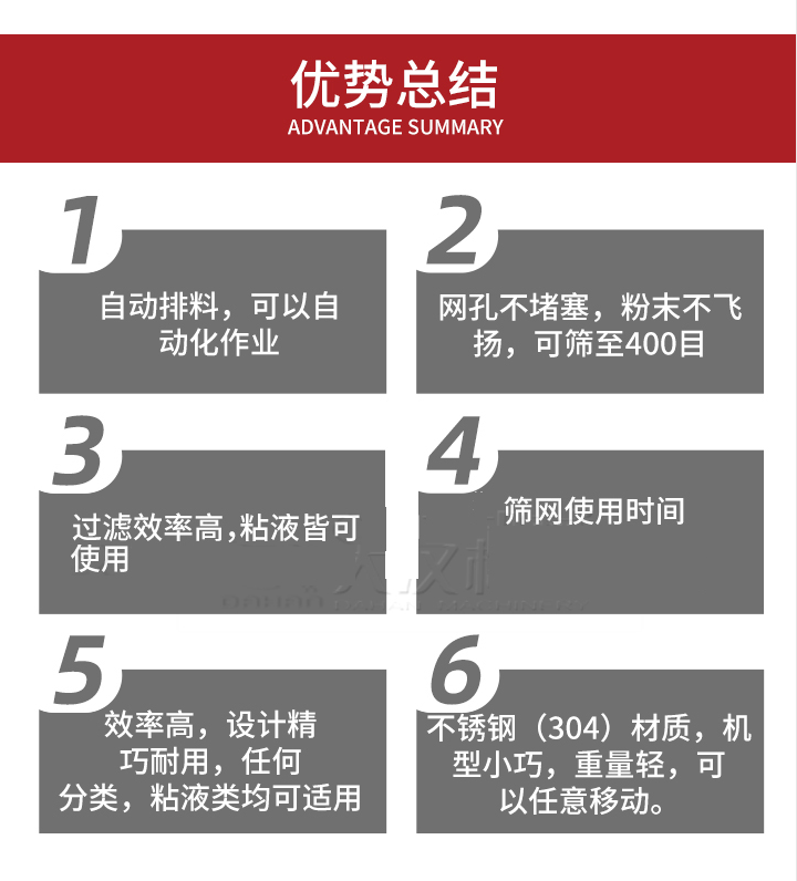 過濾篩優(yōu)勢總結(jié)：1，自動排料，可以自動化作用。2，網(wǎng)孔不堵塞，粉塵不飛揚，可篩至400目。3，過濾效率高，任何粒，粉，粘液也可使用。4，篩網(wǎng)設(shè)計大大提高了篩網(wǎng)使用時間，也魏換網(wǎng)提高了方便。5，效率高，設(shè)計精巧耐用，任何分類設(shè)計精巧耐用，任何分類，粘液類均可適用。6，不銹鋼材質(zhì)機型小巧，重量輕，可以任意移動。