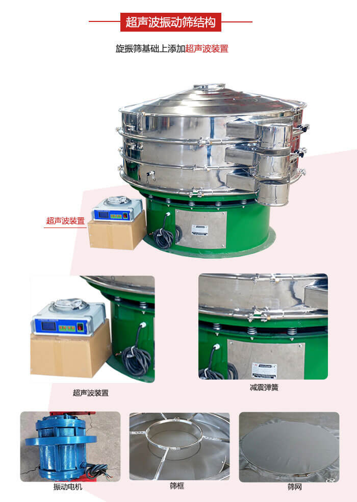 圓篩機(jī)內(nèi)部結(jié)構(gòu)：主要由振動(dòng)電機(jī)、篩框、篩網(wǎng)、超聲波系統(tǒng)、減震彈簧等展示圖