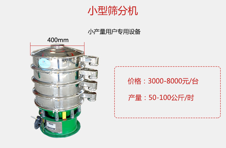 小型篩分機產(chǎn)量可達100公斤/時，價格3000元起。