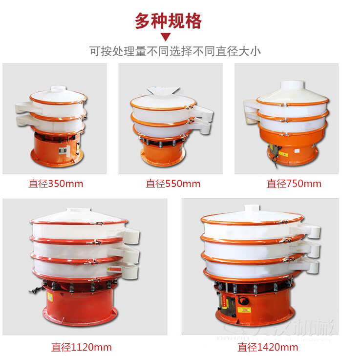 塑料振動篩不同篩分直徑進(jìn)行展示：350，550，750，1120，1420等。