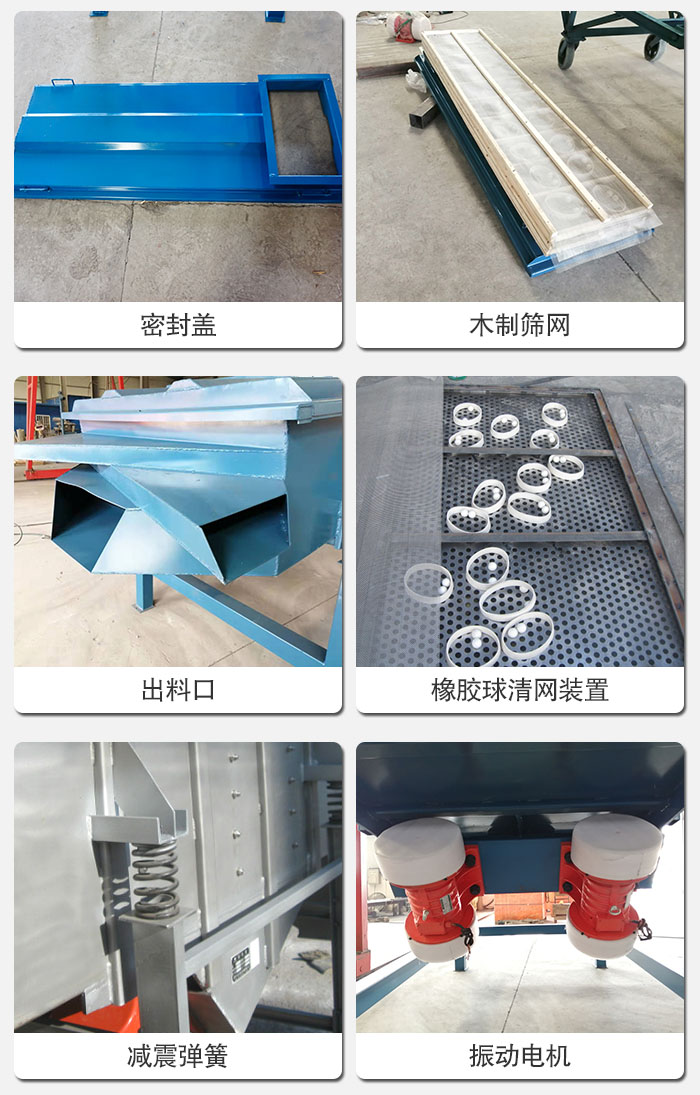 直線篩結(jié)構(gòu)展示：篩網(wǎng)，篩箱，振動電機，振動電機座，減震彈簧，支架等部件展示圖