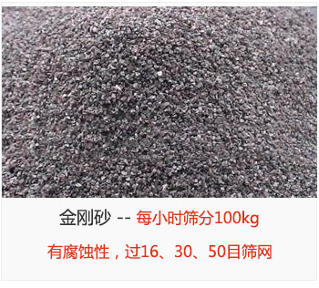 篩分金剛砂每小時(shí)100kg，有腐蝕性，過(guò)16、30、50目篩網(wǎng)