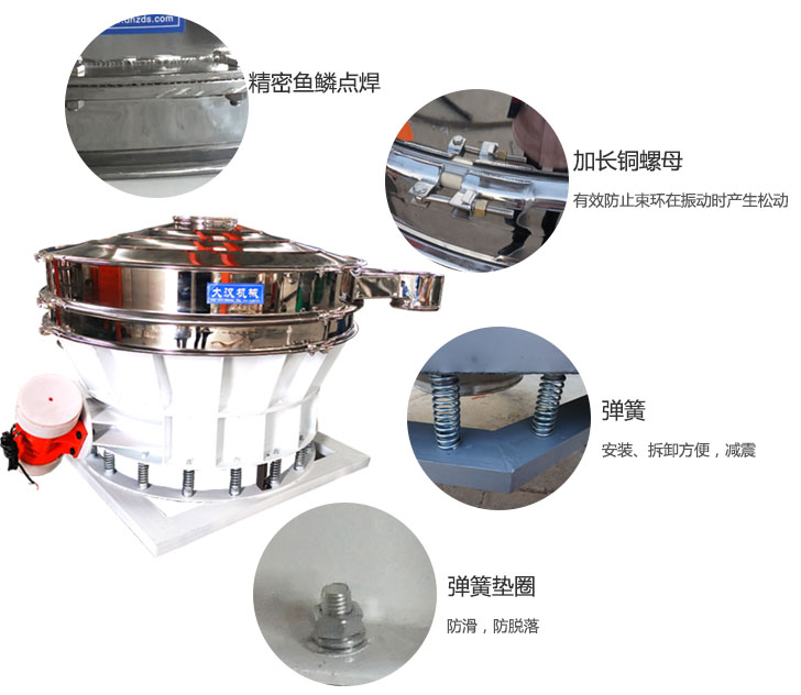 1500直排篩細(xì)節(jié)展示：彈簧，彈簧墊圈，加長銅螺母。