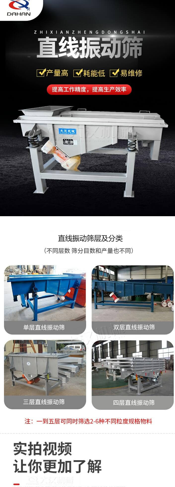 直線振動(dòng)篩概述，產(chǎn)量高，耗能低，易維修，提高工作精度，提高生產(chǎn)效率，直線振動(dòng)篩層級(jí)分類：不同層數(shù)，篩分目數(shù)和產(chǎn)量也不同：?jiǎn)螌?，雙層，三層，四層等。