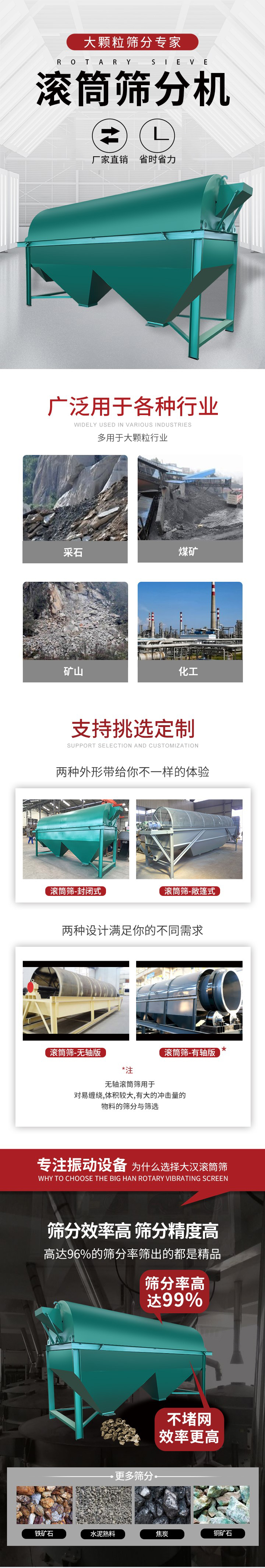 滾筒篩分機(jī)大顆粒篩分專家：廠家直銷，省時(shí)省力。滾筒篩被廣泛應(yīng)用各種行業(yè)：多用于大顆粒行業(yè)例如：采石，煤礦，礦山，化工等。滾筒篩定制類型有哪些：封閉式與敞篷式產(chǎn)品結(jié)構(gòu)分為：無(wú)軸式，有軸式兩種，無(wú)軸滾筒篩用于對(duì)纏繞，體積較大，有大的沖擊量的物料的篩分與篩選。滾筒篩篩分效率高篩分精度能夠達(dá)到：96%也比較適用于鐵礦石，水泥熟料，焦炭，銅礦石。滾筒篩特點(diǎn)：不飛粉末：密封隔離罩，密封性好，工作過(guò)程不會(huì)出現(xiàn)飛粉現(xiàn)象。外型尺寸是按筒體長(zhǎng)計(jì)