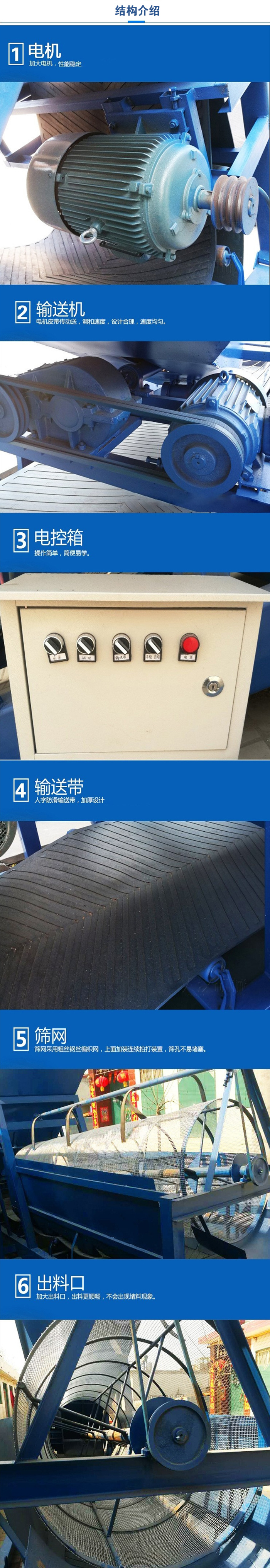 移動(dòng)篩沙機(jī)結(jié)構(gòu):電機(jī)，加大電機(jī)，性能相對比較穩(wěn)定。輸送機(jī)：電機(jī)皮帶傳動(dòng)送，調(diào)和速度，設(shè)計(jì)合理，速度均勻。電控箱：操作簡單，簡便易學(xué)。輸送帶：人字防滑輸送帶，加厚設(shè)計(jì)。篩網(wǎng)，采用粗絲鋼絲編織而成的篩網(wǎng)，上面加裝連續(xù)拍打裝置，篩孔不易堵塞。出料口：加大出料口，出料更順暢，不會(huì)出現(xiàn)堵料現(xiàn)象。