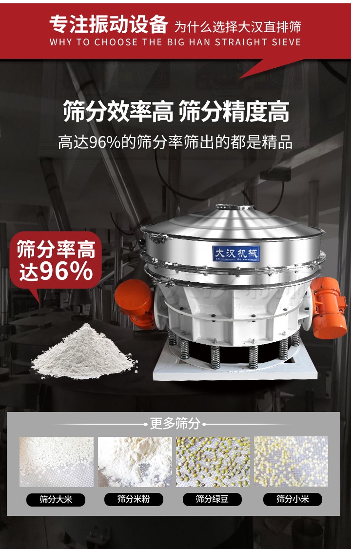 直排篩適用物料有面粉，淀粉，洗衣粉，金屬粉，添加劑，化工，非礦等行業(yè)。
