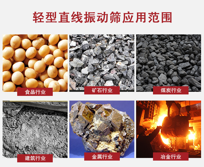 輕型直線振動篩應(yīng)用范圍較廣多使用與顆粒狀，粉狀以及其它重型行業(yè)的輸送。