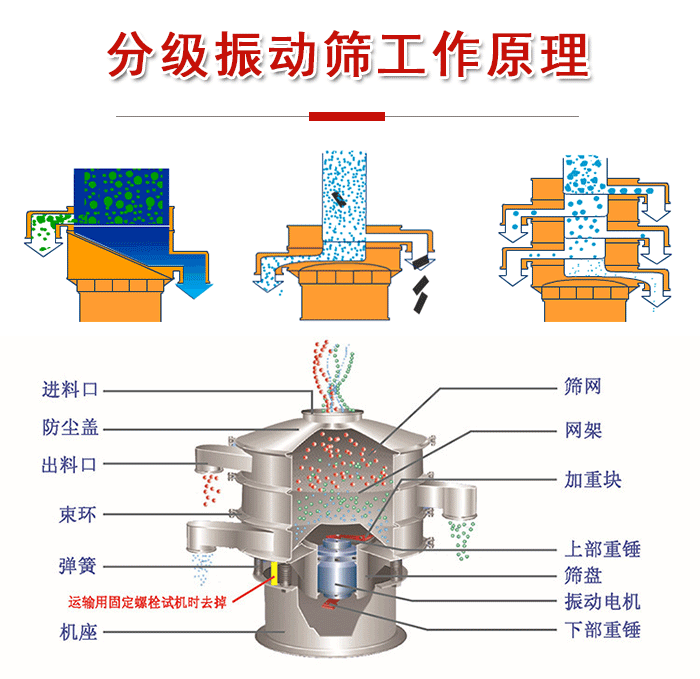 分級(jí)振動(dòng)篩內(nèi)部結(jié)構(gòu)：進(jìn)料口，防塵蓋，出料口，束環(huán)，彈簧，機(jī)座，篩網(wǎng)，網(wǎng)架，上部重錘，振動(dòng)電機(jī)，下部重錘。