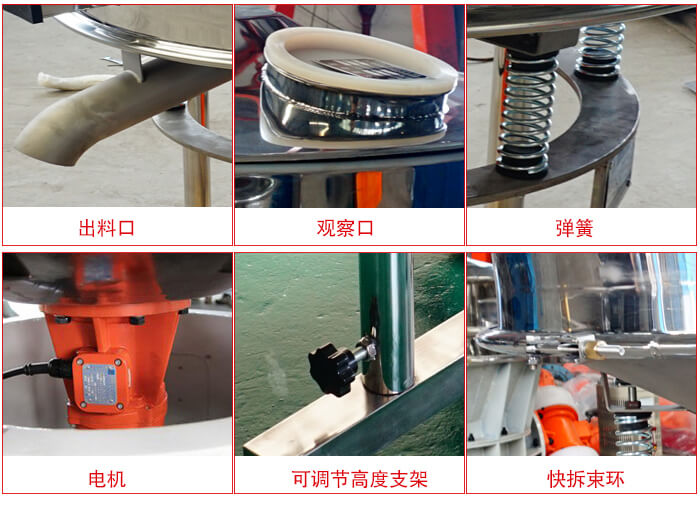 高頻篩細節(jié)展示：出料口，觀察口，彈簧，電機，可調節(jié)高度支架，快拆束環(huán)。